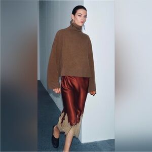 Zara Rust Brown Satin Midi Skirt with Beige Lace Hem